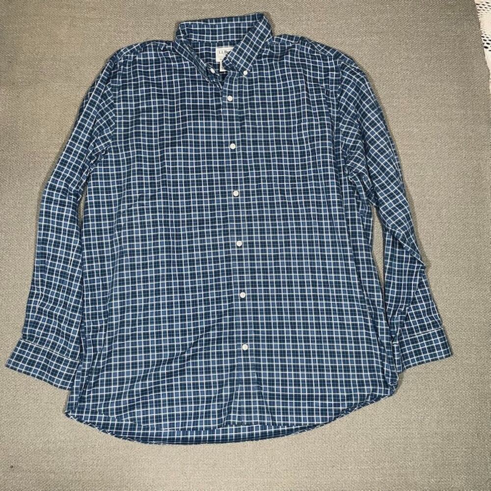 LL Bean Mens Wrinkle Free Traditional Fit Long Sleeve Blue White Plaid Shirt XL